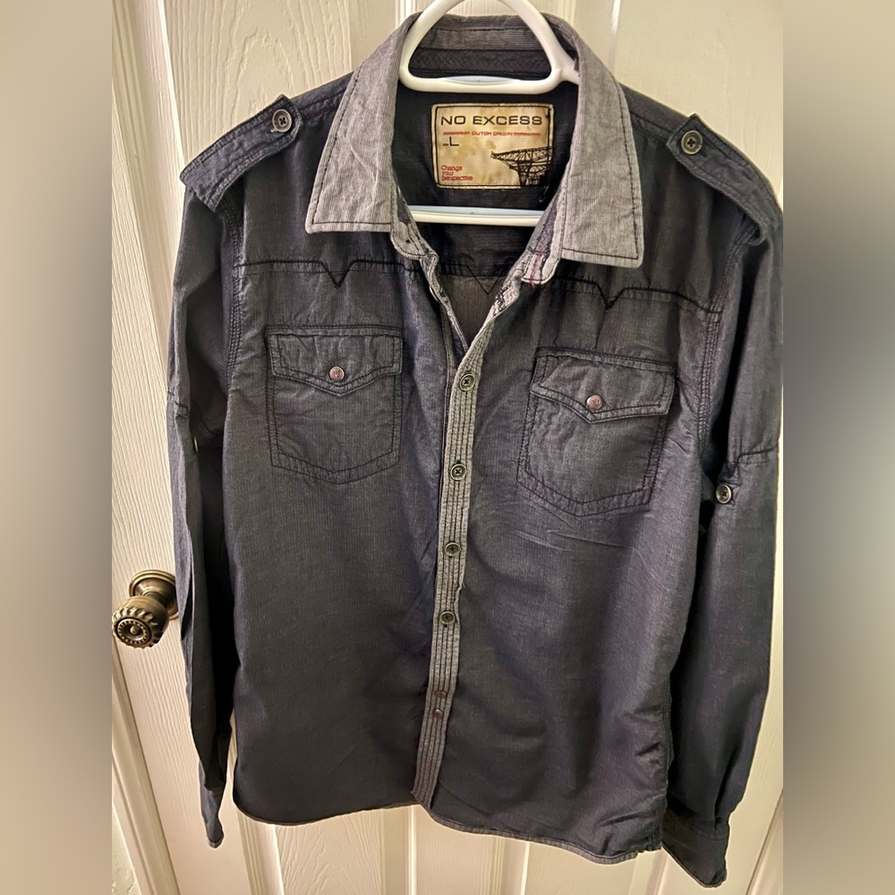 No Excess (Dutch Co. label) Men's Button-Up Shirt in Washed Navy, Size Large
